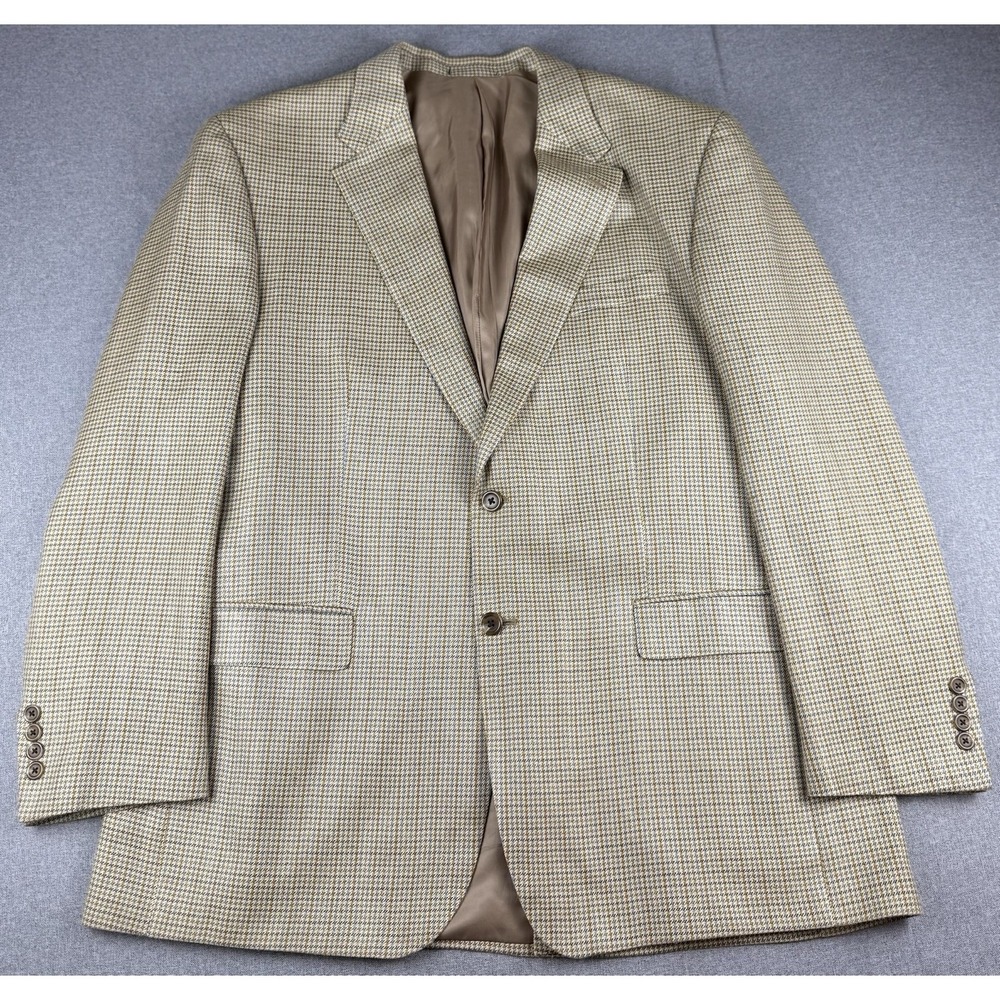 Chaps 100% Silk Houndstooth Sport Coat Blazer Men's 46R XL Brown Blue 2 Button